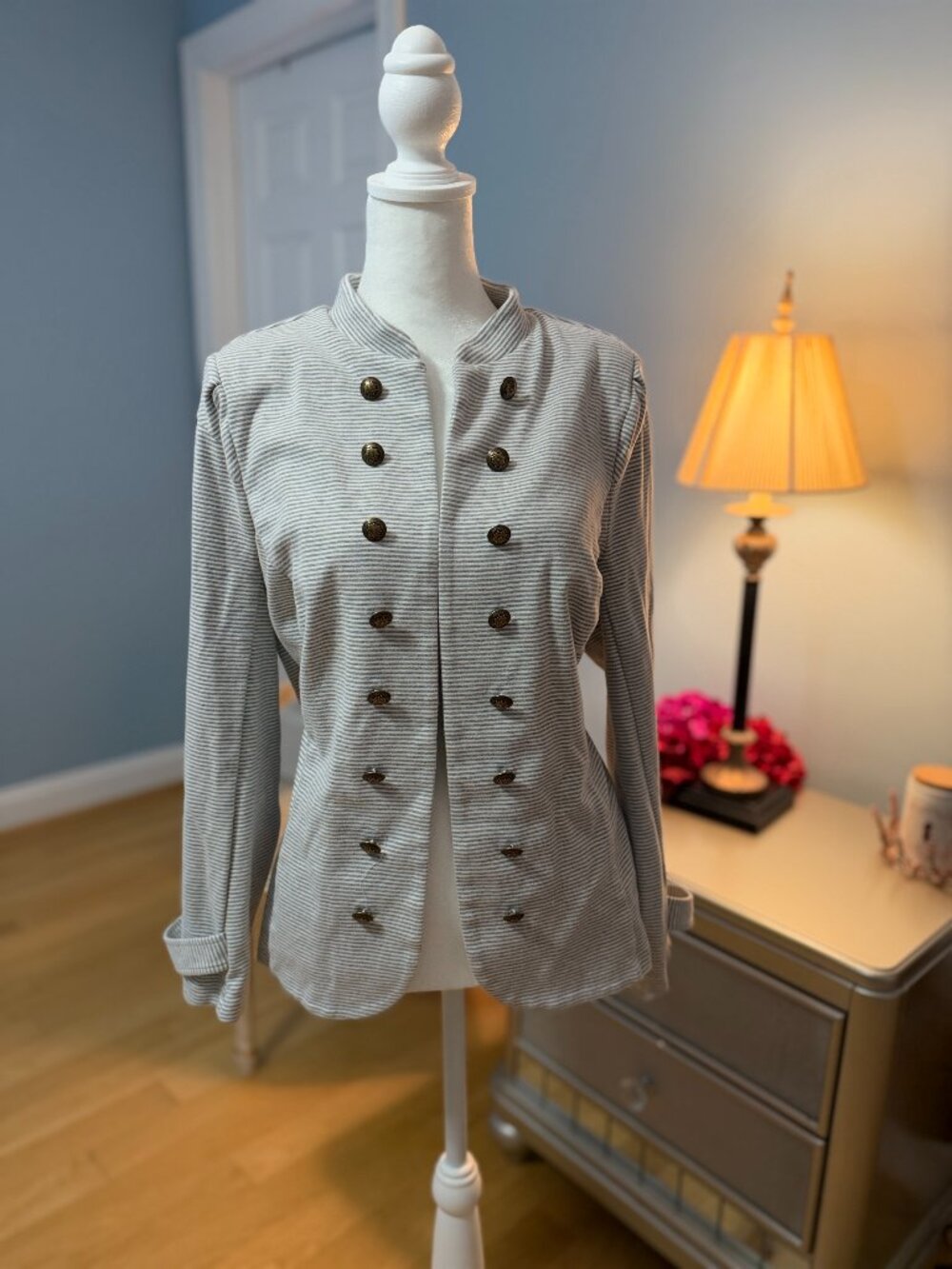ModCloth Gray White Striped Knit Military Band Jacket Blazer Plus Size 1X